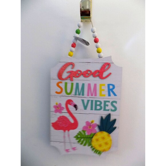 NEW Flamingo Wall Art Good Summer Vibes Decor Florida Tropical Wood Beads - Picture 3 of 5